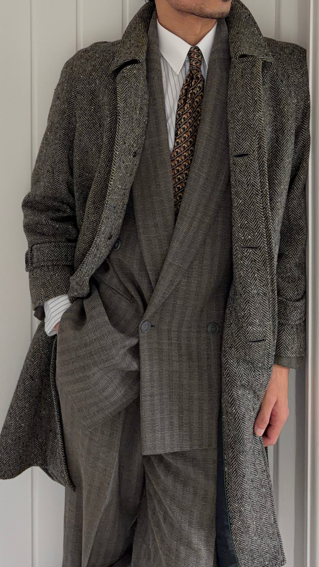 Marcel Lassance 1990s Herringbone Wool Belted Coat - Size S