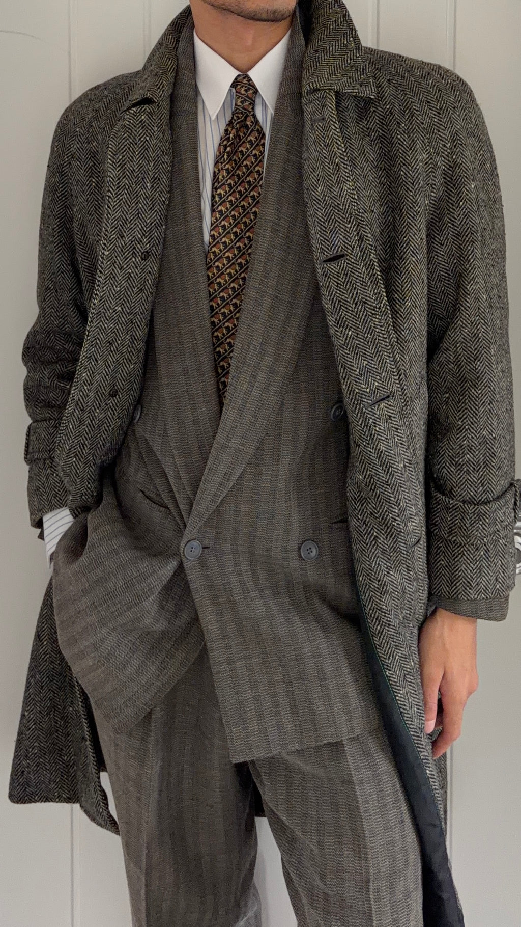 Marcel Lassance 1990s Herringbone Wool Belted Coat - Size S