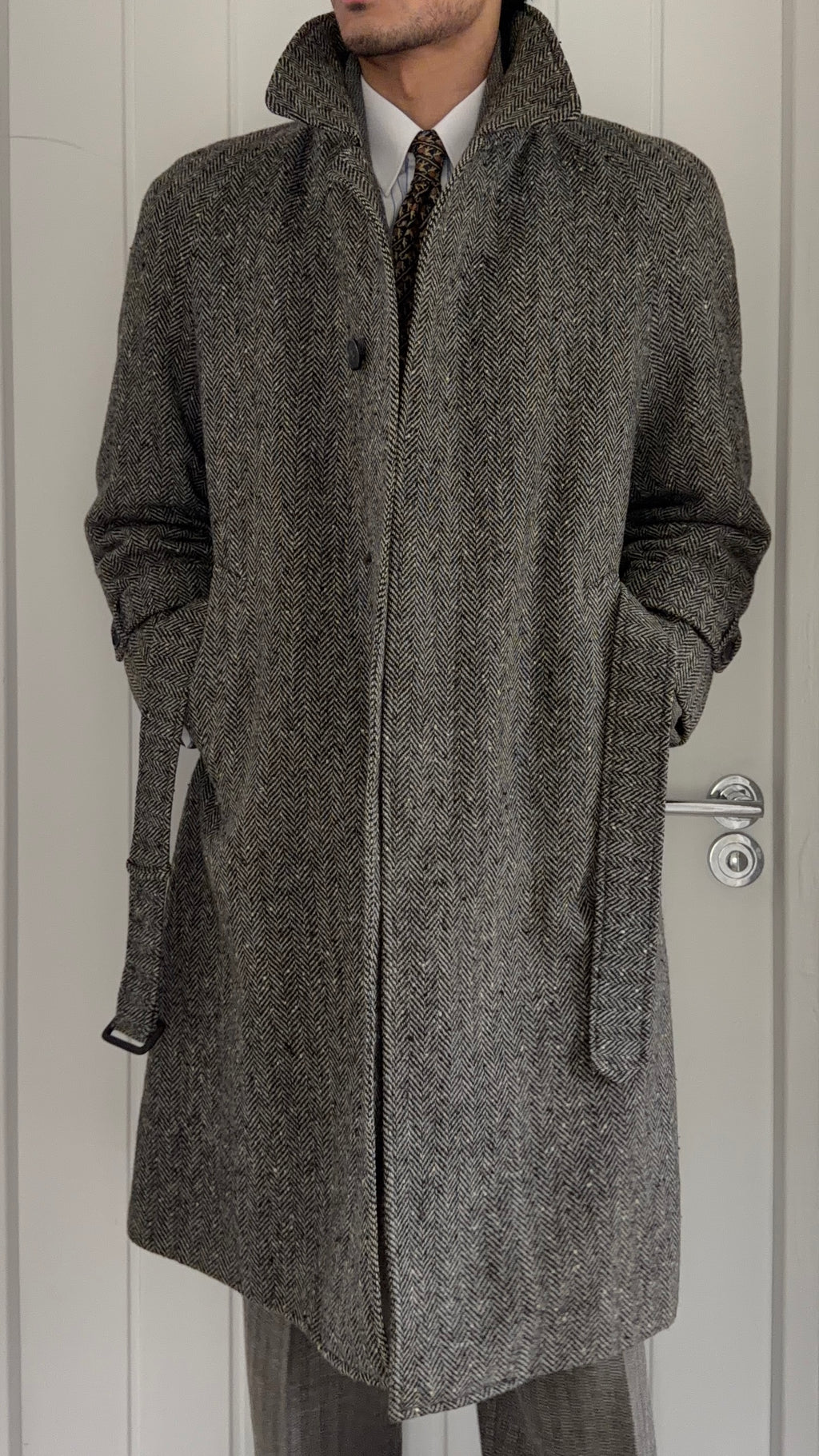 Marcel Lassance 1990s Herringbone Wool Belted Coat - Size S