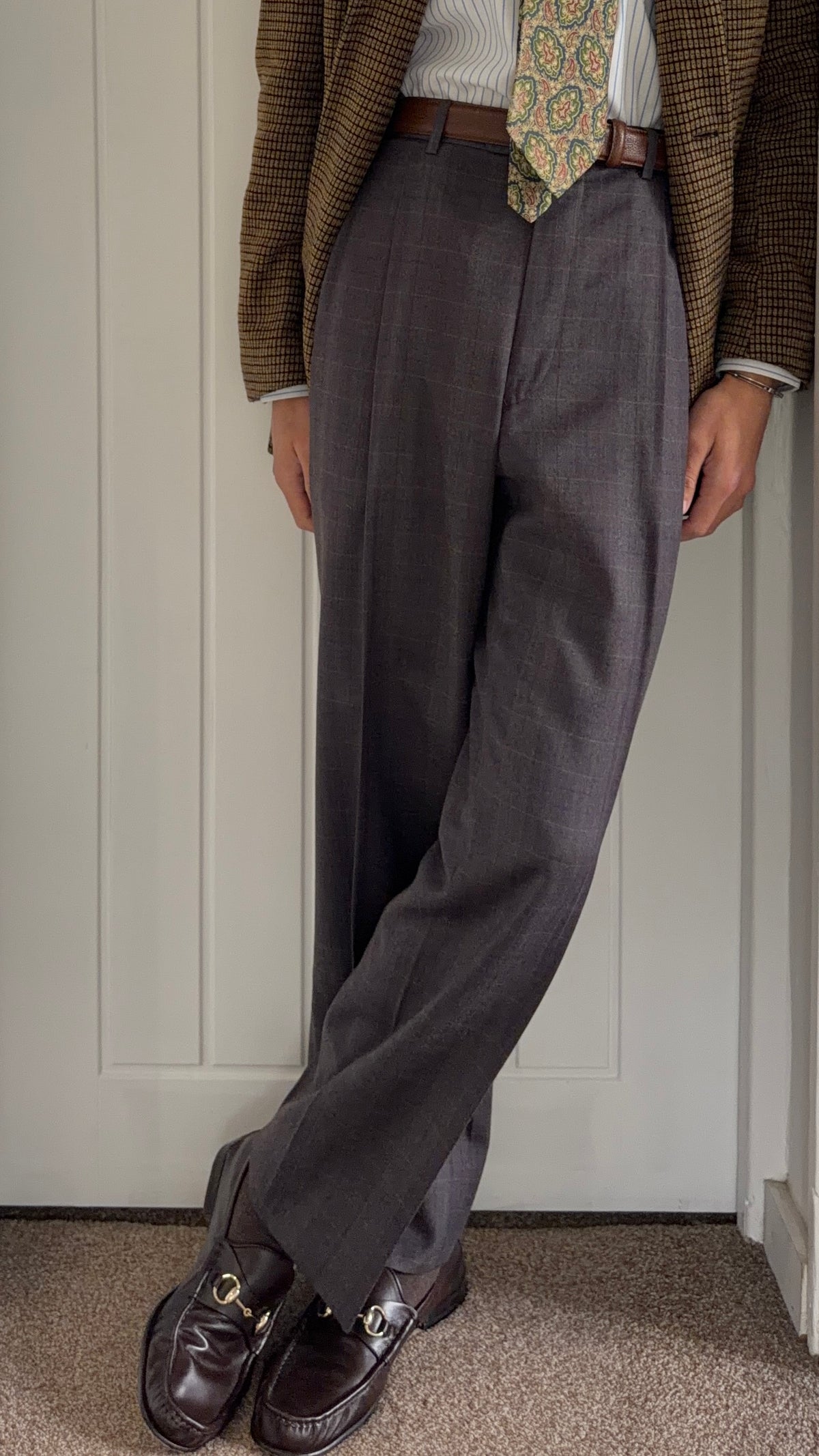 Dior 1980s Double Pleat Check Pattern Pants Taupe Mauve - Size 34" Waist