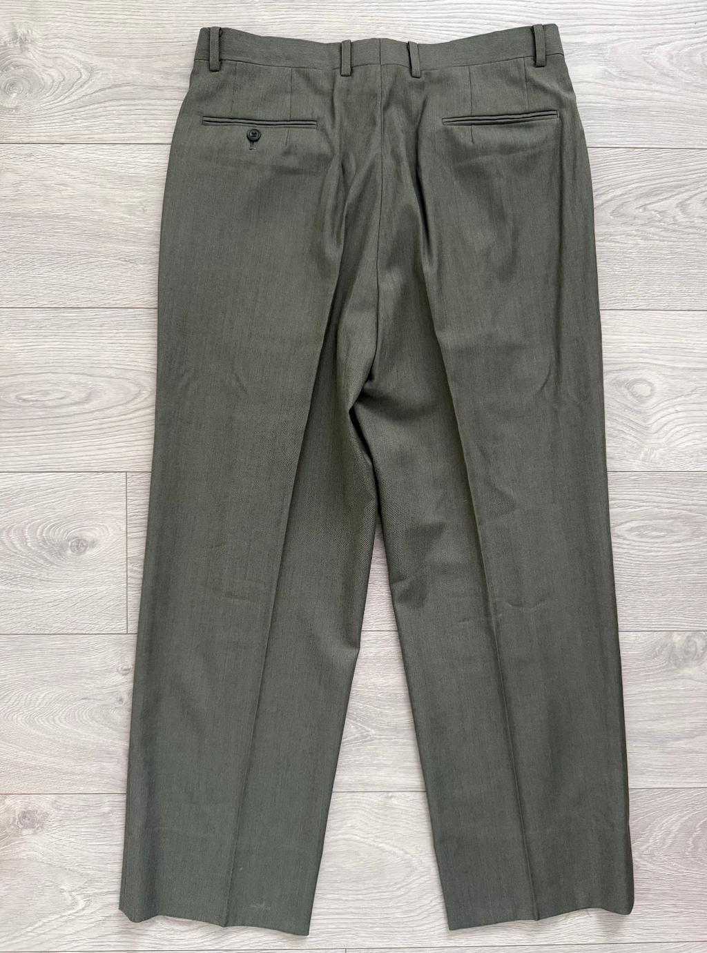 Christian Dior 1980s Peaked Lapel Double Breasted Pleated Wool Suit Taupe Olive - Size XL Jacket / 34" Waist