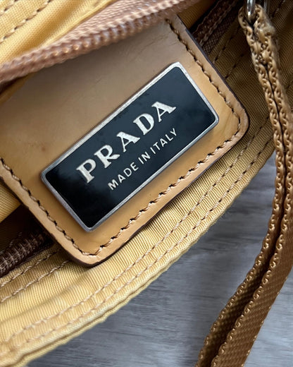 Prada Vela Nylon Metal Logo Crossbody Bag in Honey Brown