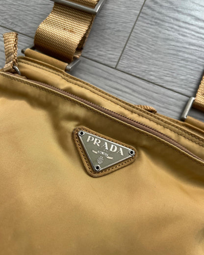 Prada Vela Nylon Metal Logo Crossbody Bag in Honey Brown