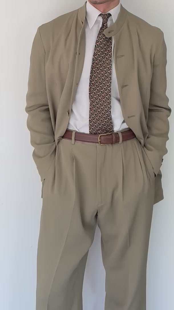 Emporio Armani AW1995 Nehru Collar Draped Khaki Taupe Suit - Size S Jacket / 30" Waist